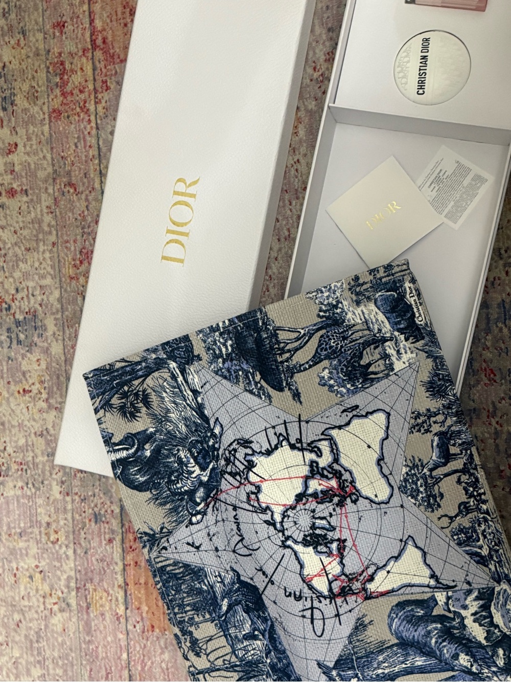Dior Navy Blue, Cream and Red Toile Map tote
